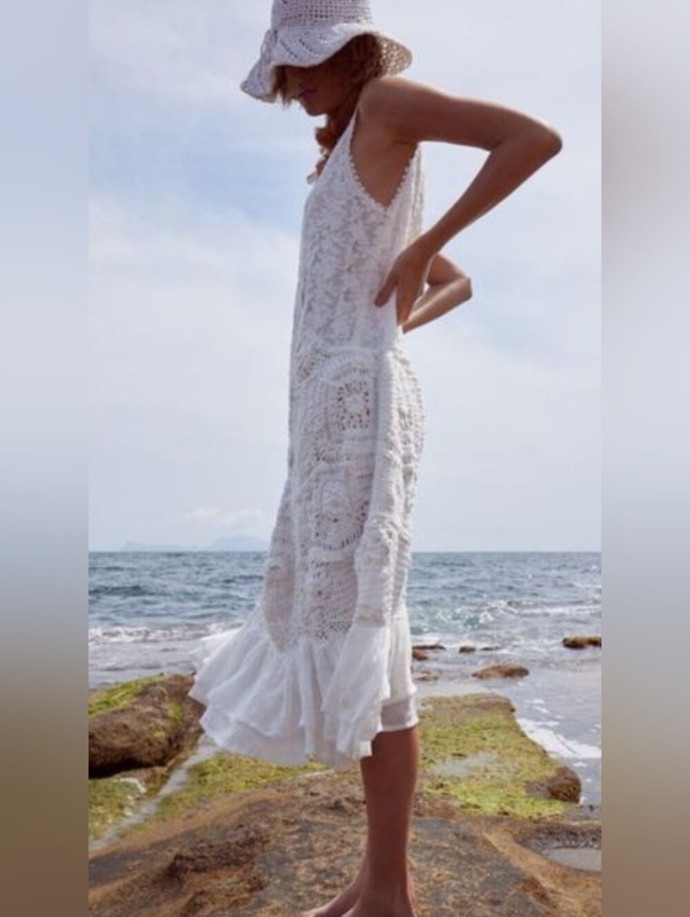 ZARA White Crochet Midi Dress with Ruffle Hem